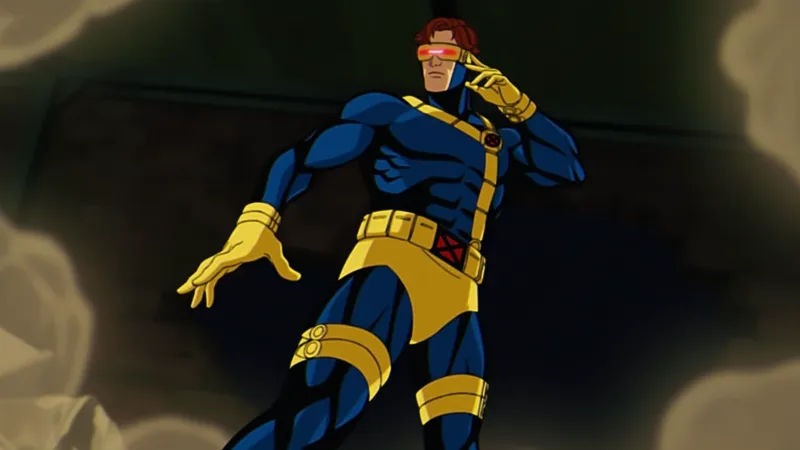 Episode still: Cyclops raises a hand to his visor in a smoke-filled street