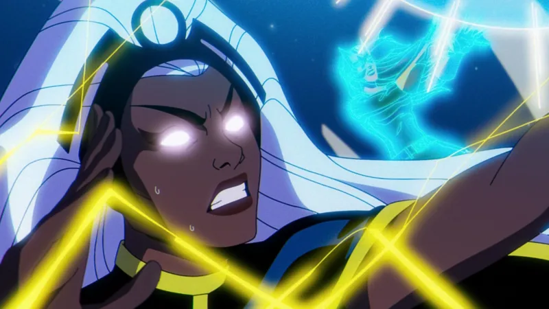 Episode still: Storm channels lightning, her eyes glowing white