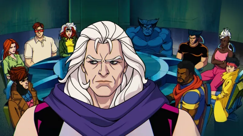 Episode still: Magneto stands before the gathered X-Men