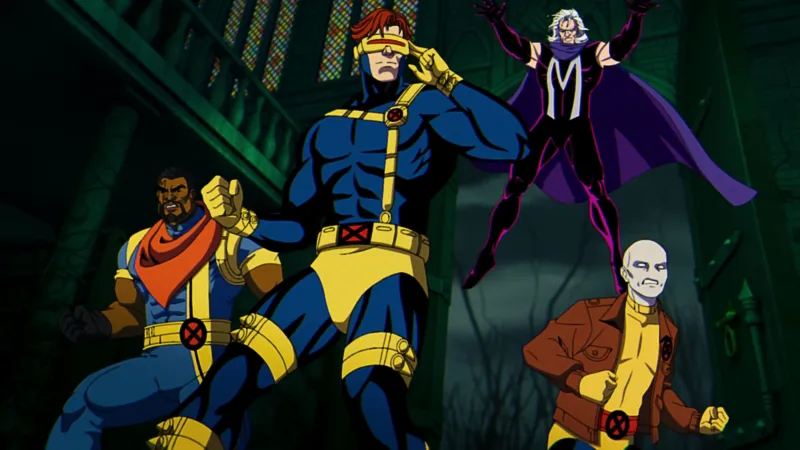 Episode still: the X-Men move through a shadowy industrial complex