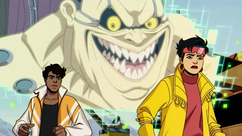 Episode still: Mojo leers over Jubilee and Sunspot inside a neon video-game world