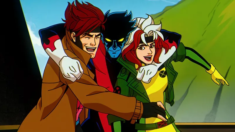 Episode still: Gambit, Nightcrawler and Rogue share a rare joyful embrace on Genosha