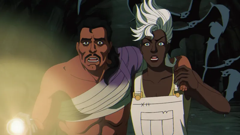 Episode still: a bandaged Storm recovers beside Forge