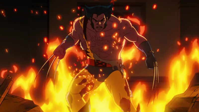 Episode still: Wolverine’s silhouette wreathed in fire and embers