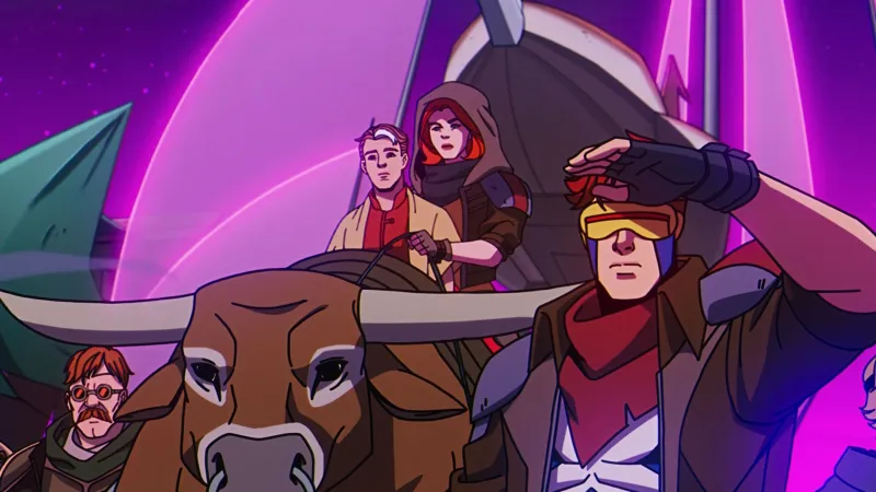 Episode still: the time-lost X-Men stand in an Old West street beneath a purple energy dome