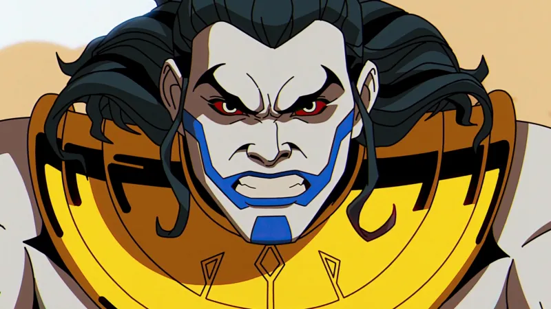 Episode still: Apocalypse, pale with blue markings and gold armor, glares