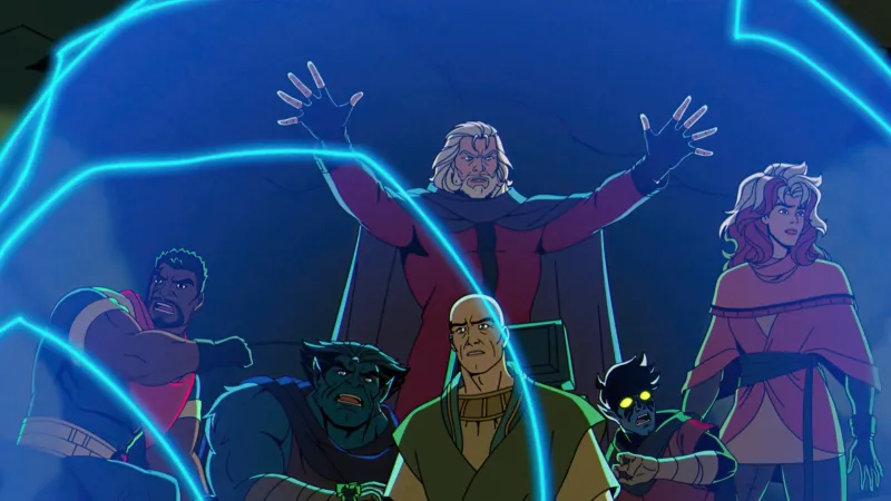 Episode still: figures trapped inside a crackling blue energy sphere over Ancient Egypt
