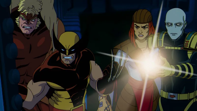 Episode still: Wolverine and old rivals move through a dark facility