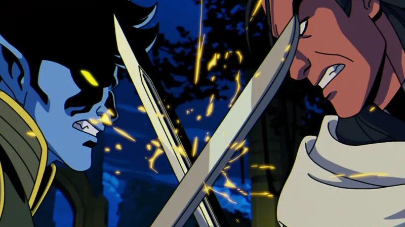 Episode still: blades clash in the night, sparks flying, in the Savage Land