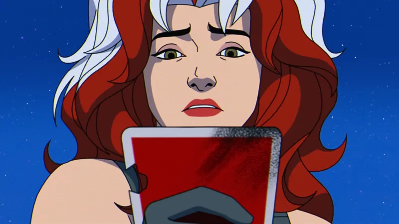 Episode still: Rogue studies a red keepsake beneath a starry sky