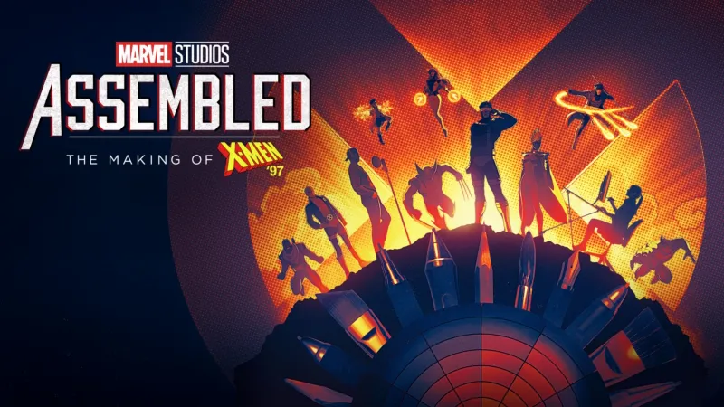 Assembled: The Making of X-Men ’97 poster — the team silhouetted on Cerebro in halftone